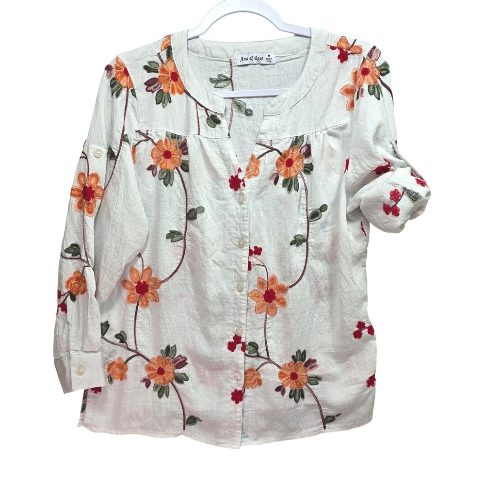 Ana and Rose Floral Embroidered Blouse Sz M Button‎ Down Roll Tab Sleeve White
